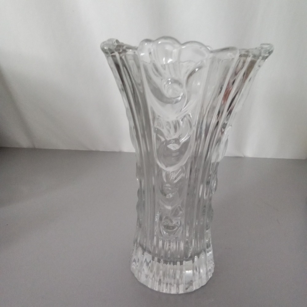 Vintage Clear Pressed Glass Scalloped Flared Vase Ornate Scroll Ribbed 8.5 Inch
